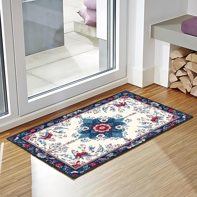 Area Rug 2x3 ft Entry Rug Washable Boho Rugs Non Slip Low Pile Floral Door Mat Small Carpet for Nursery, Bedroom, Bedside, Kids Room, Office, Dining Room