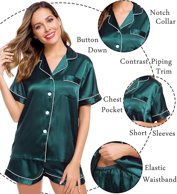 LecGee Womens Silk Satin Pajamas Short Sleeve Loungewear Two-Piece Sleepwear Button-Down Pj Set
