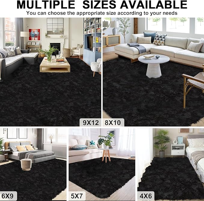 9x12 Shag Area Rugs for Living Room, Extra Large Ultra Soft Fluffy Furry Rug for Bedroom, Indoor Carpet Plush Fuzzy Nursery Rugs for Kids Girls and Boys, Dorms, Classroom, Home Decor Aesthetic, Black