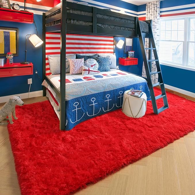 Amdrebio Red Area Rugs for Living Room Bedroom, Christmas Rug 6x9, Large Red Carpet, Plush Fuzzy Furry Rug for Kids Playroom, Fluffy Shaggy Throw Carpets for Dorm, Aesthetic Rugs for Boys Room Decor