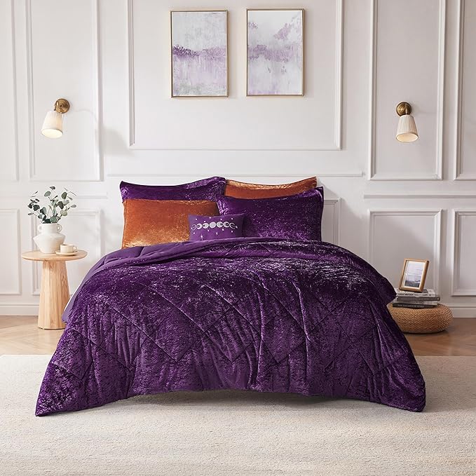 Intelligent Design King Comforter Set, Velvet Comforter Set , Luxury Diamond Quilting Comforter Set, Fluffy Comforter Bed Set with Decorative Pillowand 2 Shams, 4 Piece Purple, King/ Cal King
