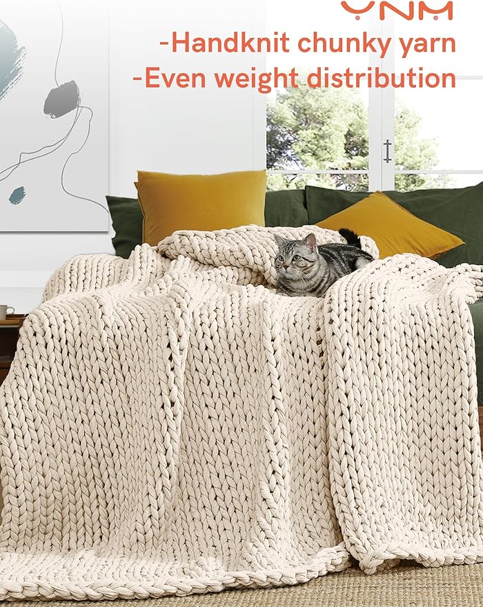 YnM Cotton Weighted Blanket, Handmade Chunky Knitted Design, Soft and Cozy, Temperature Regulating and Breathable, Machine Washable Throw for Sleep or Home Decor (Cream White, 43x50 Inch, 10lbs)