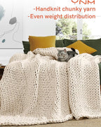 YnM Cotton Weighted Blanket, Handmade Chunky Knitted Design, Soft and Cozy, Temperature Regulating and Breathable, Machine Washable Throw for Sleep or Home Decor (Cream White, 80x84 Inch, 35lbs)