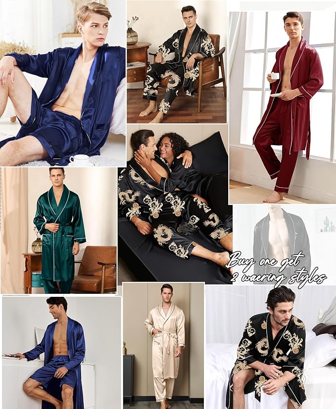 SWOMOG Men's Satin Robe 3 Pcs Silky Kimono Bathrobe Set Lightweight Soft Loungewear Nightwear