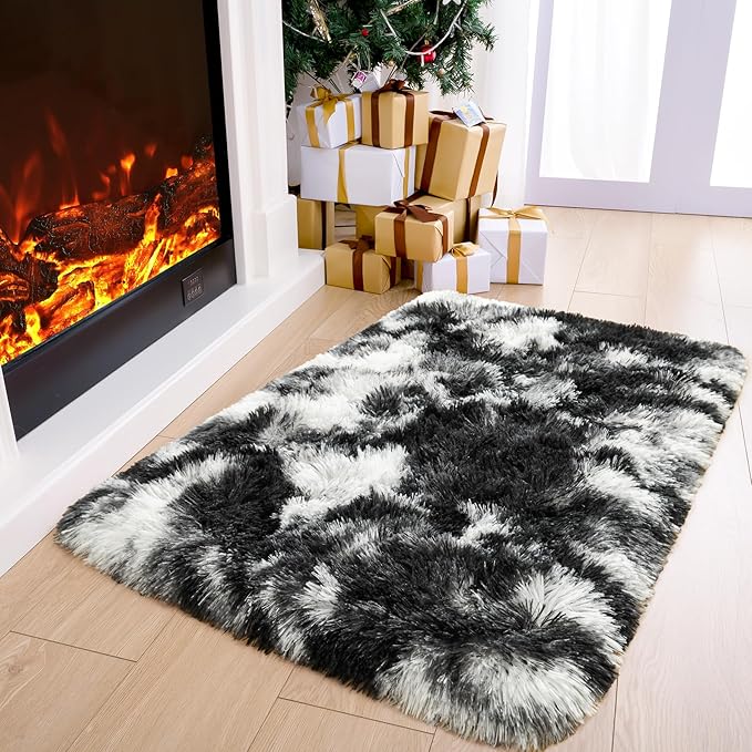 Noahas Door Mat Indoor Entrance,2x3 Shaggy Small Tie-Dyed Black and White Area Rugs for Entryway,Non-Slip Fluffy Entry Bedroom Rug,Soft Plush Bedside Throw Kids Carpet