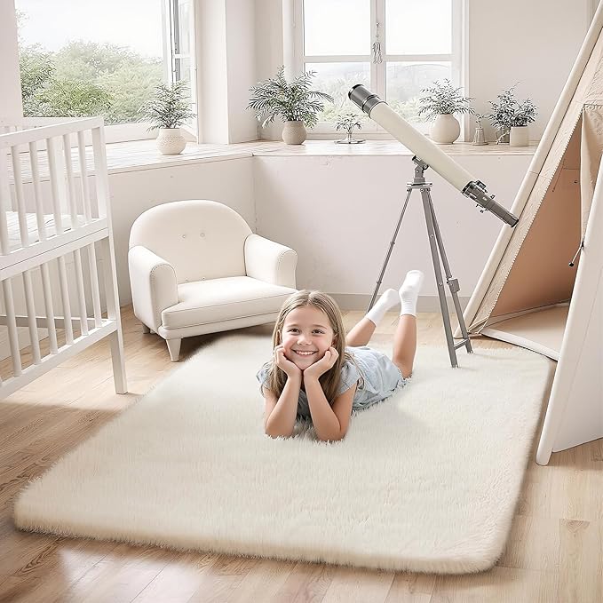 Shag Cream Rug Small 3x5 Area Rugs for Bedroom Bedside Dorm Living Room, Non-Slip Ultra Soft Fluffy Rugs for Kids Room, Girls Room, Study, Office, Playroom, Easy to Clean, Small Carpet Décor