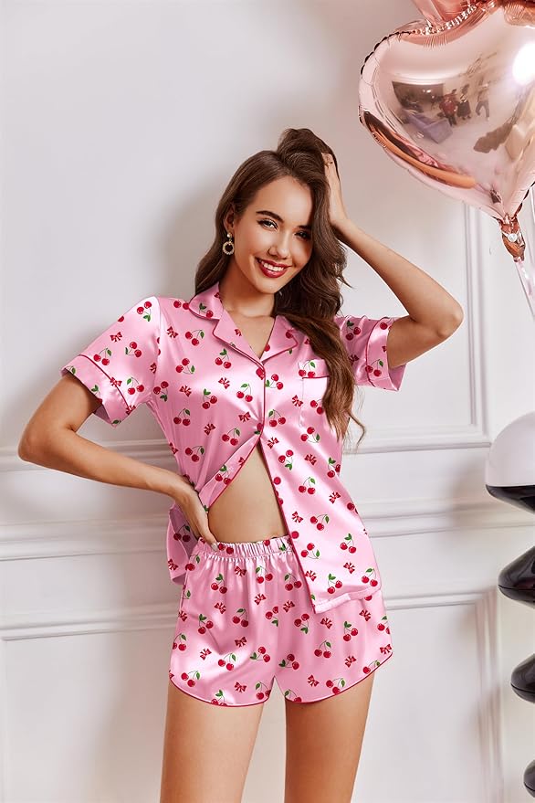 Ekouaer Womens Silk Satin Pajamas Short Sleeve PJS Shorts Set Soft Button Down Sleepwear 2 Piece Loungewear S-5XL
