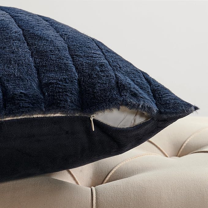 Striped Throw Blanket and Pillow Covers Set (No Inserts) for Couch and Bed, Plush Warm Lightweight Fuzzy Faux Fur Blanket for All Seasons (50" x 60", Dark Blue)