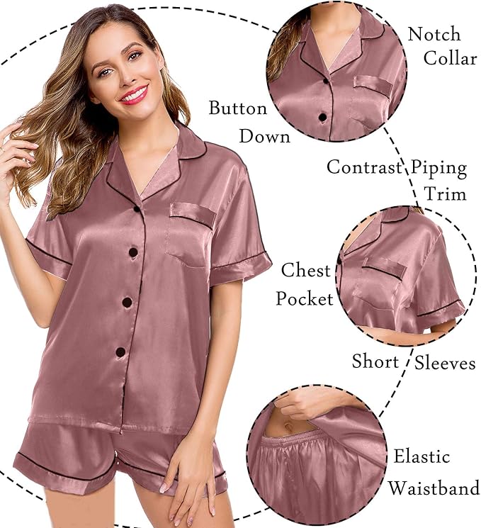LecGee Womens Silk Satin Pajamas Short Sleeve Loungewear Two-Piece Sleepwear Button-Down Pj Set