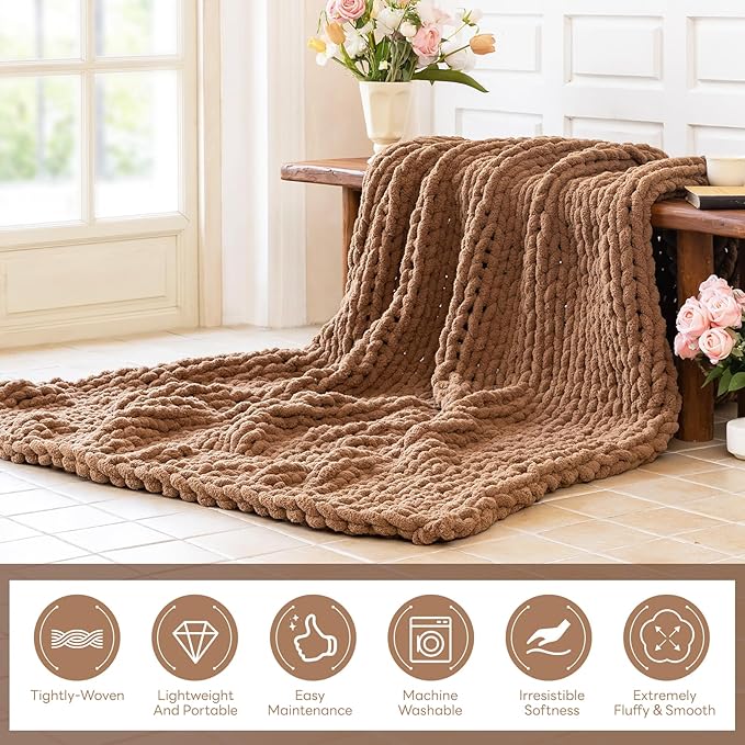 Chunky Knit Blanket - Luxury Soft Cozy 60 * 80 Throw Blanket,100% Woven Blanket Rope Knot Throw Blanket for Couch, Sofa, Home Decor, Gift - Machine Washable (Brown, 60 * 80)