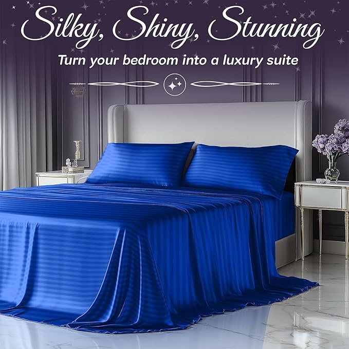 SLEEP SANCTUARY Satin Sheets Twin Size – 3 Piece Luxury Silky Bed Set, Softer Than Silk, 15" Deep Pocket, Cooling & Wrinkle-Free, Moisture-Wicking & Breathable for Hair & Skin (Striped Blue)