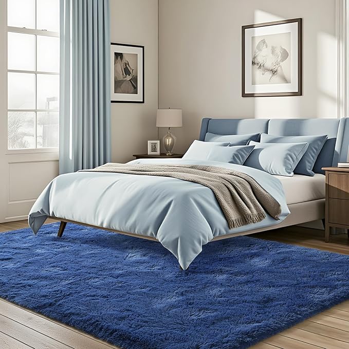 ISEAU Light Navy Rugs for Bedroom Living Room, Ultra Soft Shag Area Rug 4'x6' Carpet for Bedroom, Non-Slip Fluffy Dorm Rug for Kids Room Home Decor