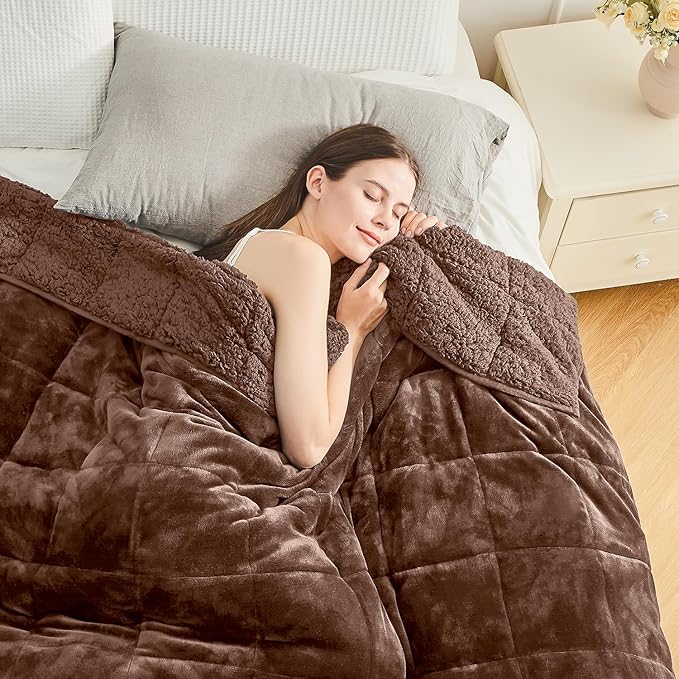 Cottonblue Weighted Blanket for Adults 15 lbs Twin Size 48x72 in, Cozy Flannel Sherpa Fleece Weighted Throw Blankets Comfortable for Calming and Relax, Shaggy Bed Sofa Heavy Blankets, Chocolate Brown