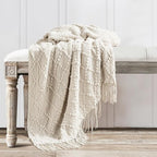 BOURINA Beige Throw Blanket 50 x70 Inches Jacquard Argyle Throw Textured Solid Soft Throws and Blankets for Sofa or Bed Knitted Decorative Blanket