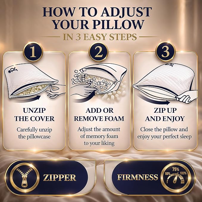 Royal Therapy King Size Set of 4- Shredded Memory Foam Pillow–Adjustable Memory Foam Pillow for Sleeping, Firm Pillow for Neck & Shoulder Support, Breathable Bed Pillow for Back Stomach Side Sleepers