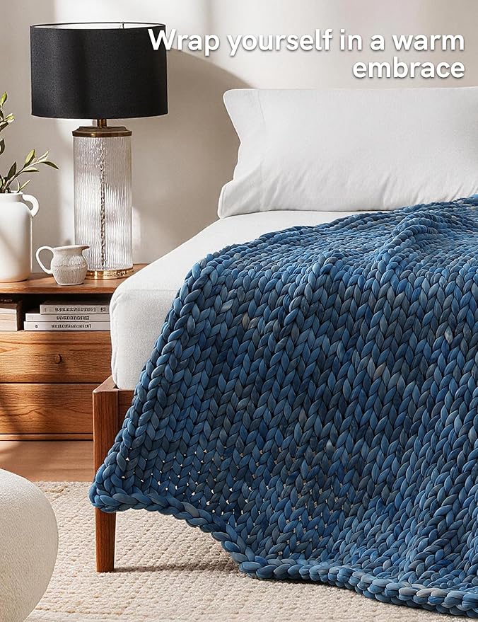 YnM Weighted Blanket, Handmade Chunky Knitted Design, Soft and Cozy, Temperature Regulating and Breathable, Machine Washable Throw for Sleep or Home Decor (Dark Blue Tie-Dyed, 60x80 Inch, 15lbs)