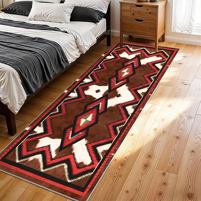 Western Runner Rug,3x10ft,Brown Cow Hide Print Runner Rug,Indoor Soft Non-Slip Washable Country Farmhouse Rugs,Southwestern Aztec Geometric Patt Rustic Runner Rugs,for Hallway Bedroom Floor Mat