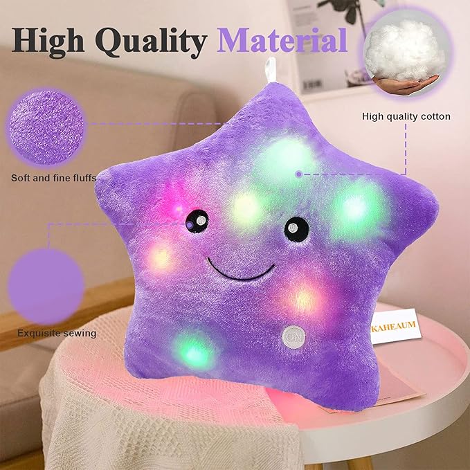 Kids Decorative Pillow,Cute Star LED Light Up Pillow Gift for Girls Women Birthday Unique Throw Pillows Bedroom Couch Office Lumbar Back Cushion Purple Plush Pillow Stuffed Toy