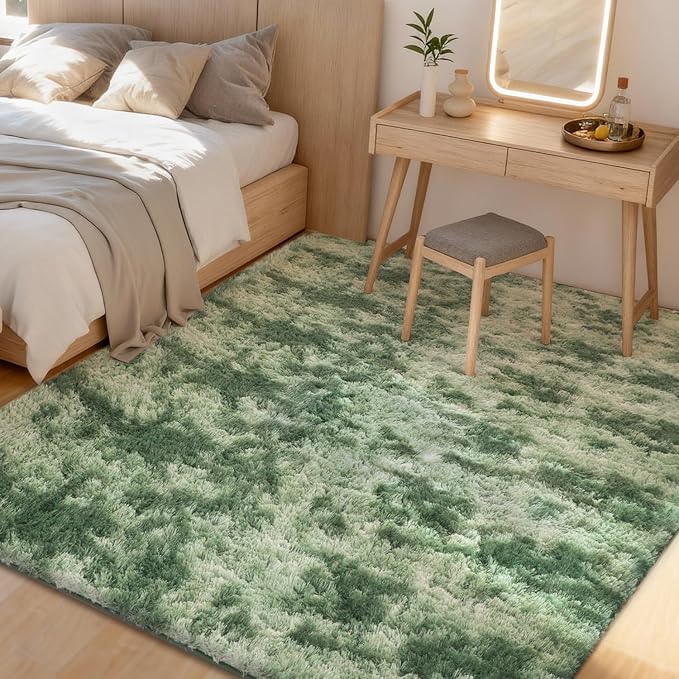 Litanika 9x12 Fluffy Shag Faux Fur Area Rug for Living Room Bedroom, Tie-Dyed Forest Green High Pile Soft Plush Furry Bedside Playroom Dorm Carpet, Non-Slip, Non-Shedding Modern Indoor Floor Rug