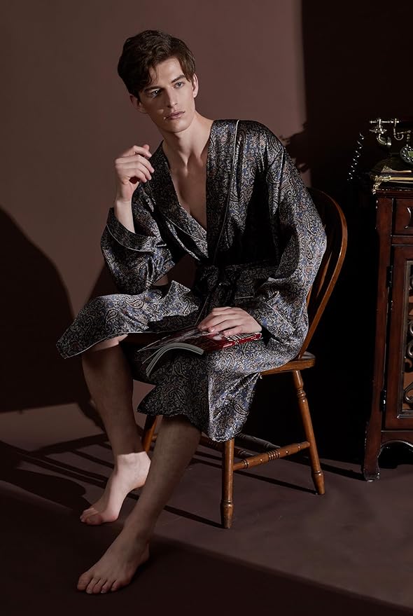 Men's 100% Mulberry Silk Long Robe Kimono Paisley Print Bath Robe, Heavy Silk 19 Momme Dressing Gown