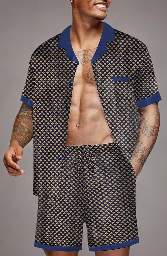 Ekouaer Men Satin Silk Pajamas Set with Pockets Sleepwear Shorts Satin Summer Loungewear 2 Piece Button Down Set S-3XL