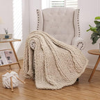 WESHIONGOO Chunky Knit Blanket Throw Knitted Throw Blankets for Couch Bed Fluffy Soft Blanket with Jumbo Chenille Yarn Thick 100% Handmade (Linen, 51"×63")