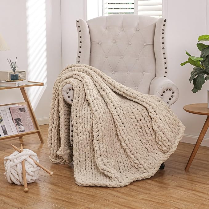 WESHIONGOO Chunky Knit Blanket Throw Knitted Throw Blankets for Couch Bed Fluffy Soft Blanket with Jumbo Chenille Yarn Thick 100% Handmade (Linen, 51"×63")