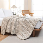 WESHIONGOO Chunky Knit Blanket Throw 40"×60" Knitted Throw Blankets for Couch Bed Fluffy Soft Blanket with Jumbo Chenille Yarn Thick 100% Handmade (Linen, Medium Size Throw)