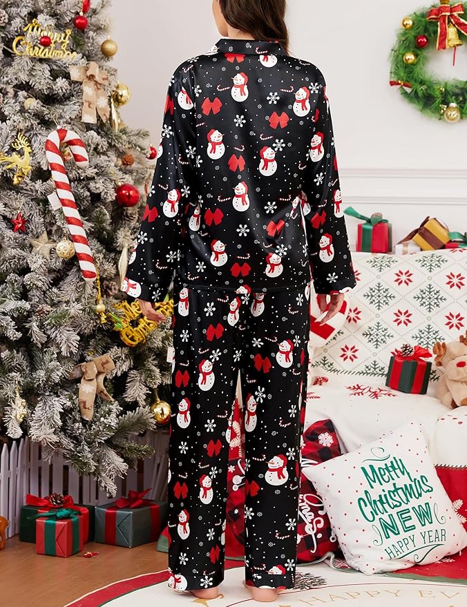 SWOMOG Long Sleeve Pajamas Set Silk Satin Sleepwear Button Down Pjs Loungewear with Pocket