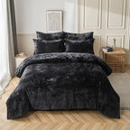 Fredsure Distressed Velvet Comforter Set, 5 Pieces Black Queen, Distressed Velvet Face and Brushed Microfiber Reverse