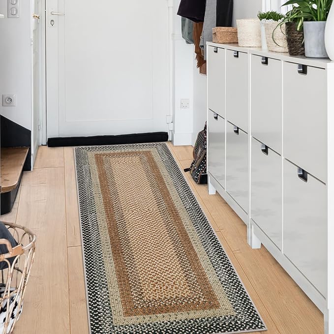 RUGSREAL Washable Runner Rug 2x8 Non Slip Braided Hallway Runner Rug Stain Resistant Kitchen Runner Mat Farmhouse Printed Rustic Accent Area Rug for Living Room Bathroom Entryway, Sand/Bronze