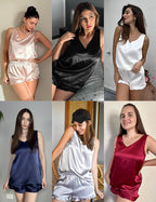Ekouaer Womens Silk Pajamas Set 2 Piece Satin Camisole Pjs V Neck Tank Top and Shorts with Ruffle Sleepwear