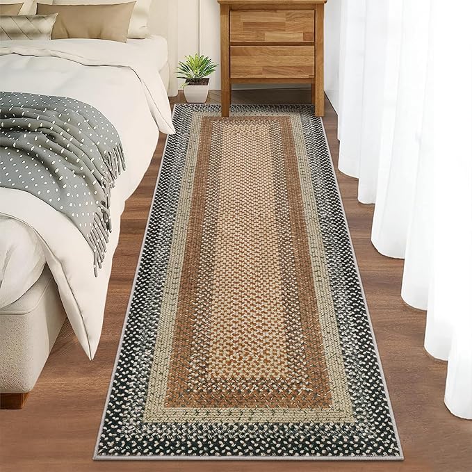 RUGSREAL Washable Runner Rug 2x8 Non Slip Braided Hallway Runner Rug Stain Resistant Kitchen Runner Mat Farmhouse Printed Rustic Accent Area Rug for Living Room Bathroom Entryway, Sand/Bronze