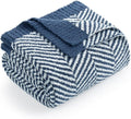 Snuggle Sac Herringbone Throw Blanket for Couch, Reversible Super Soft Warm Chervon Blankets, Cozy Knit Fuzzy Plush Lightweight Stripe Throws for Sofa, Bed, Camping, Navy, 50x60 inches