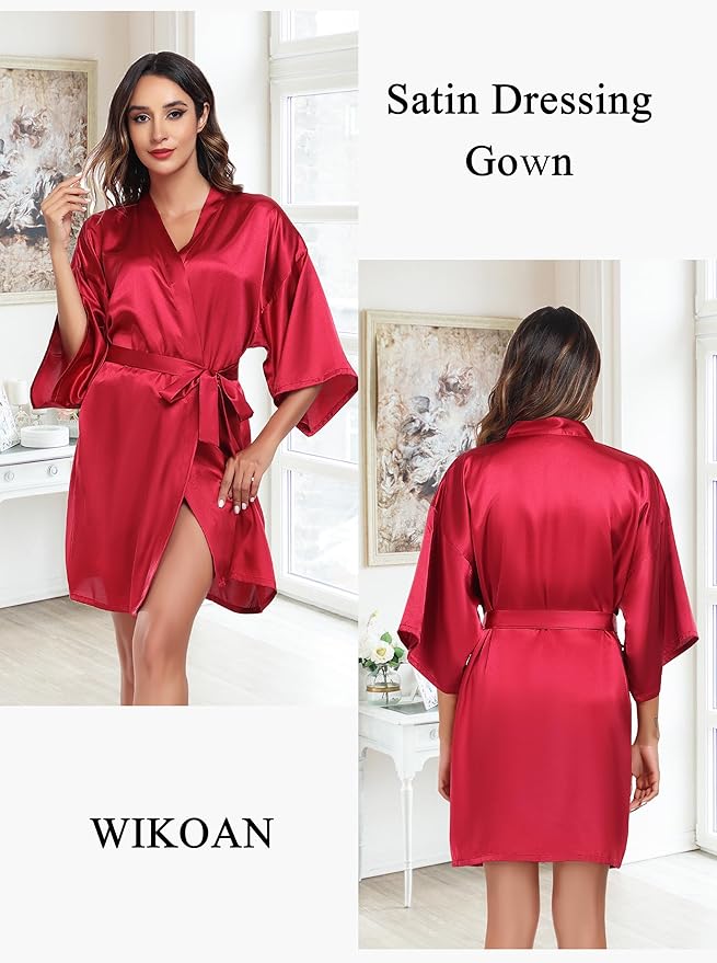 Women's Short Satin Robe Silky Bathrobes Bridal Bridesmaid Kimono Robe V-Neck Sleepwear S-XXL