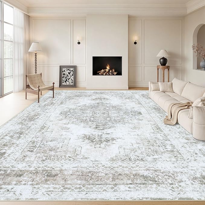 XLUEZ Area Rug 10x14 Living Room Rugs, Machine Washable Vintage Distressed Medallion Rug Non-Slip Soft Low Pile Large Indoor Rugs for Bedroom Kitchen Dining Room Office(Taupe,10'x14')