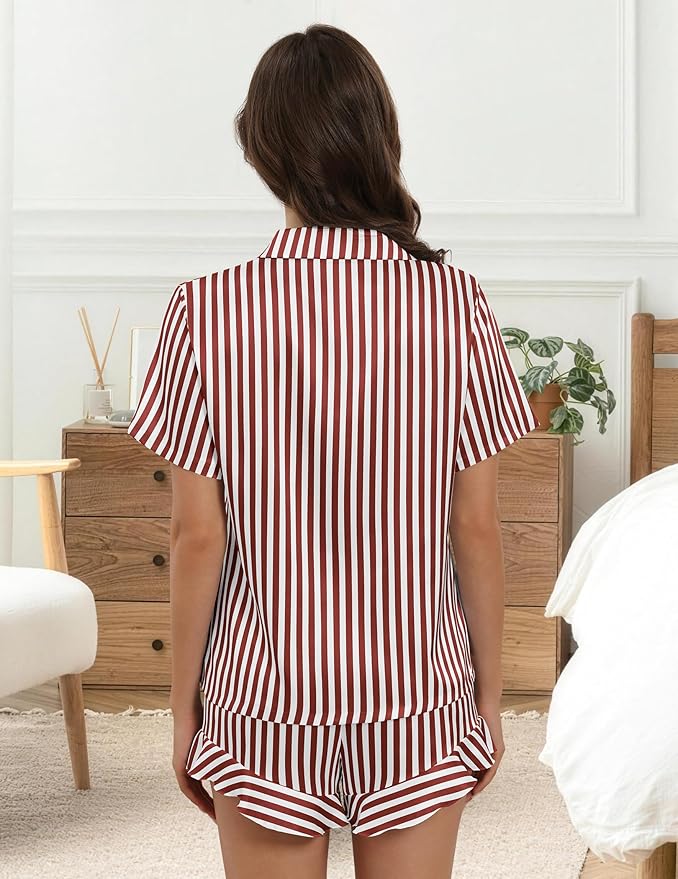 Silk Pajamas for Women Button Down 2 Piece Satin Pjs Shorts Set Ruffle Notch Collar Sleepwear Loungewear