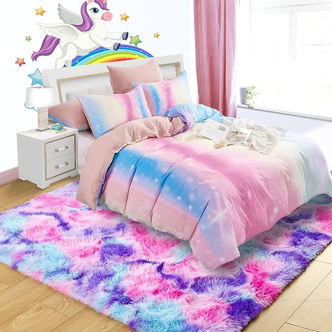Noahas Kids Rugs for Bedroom Girls,3x5 Feet Rainbow Rug,Tie-Dyed Hot Pink Kids Carpet,Shaggy Fluffy Bedroom Rug,Colorful Area Rug Nursery Toddler Boys Girls Room Decor