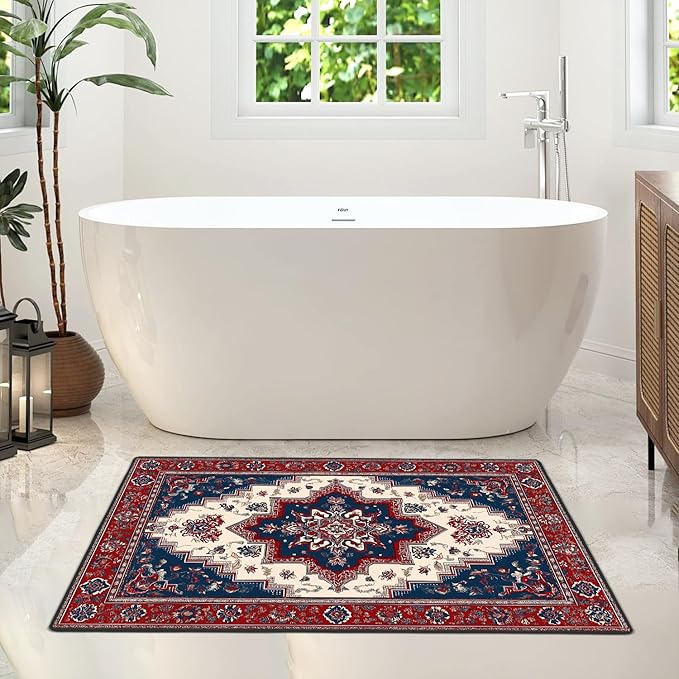 Area Rug 2x3 ft Entry Rug Washable Boho Rugs Non Slip Rubber Backing Low Pile Floral Door Mat Small Carpet for Bedroom, Bedside, Kids Room