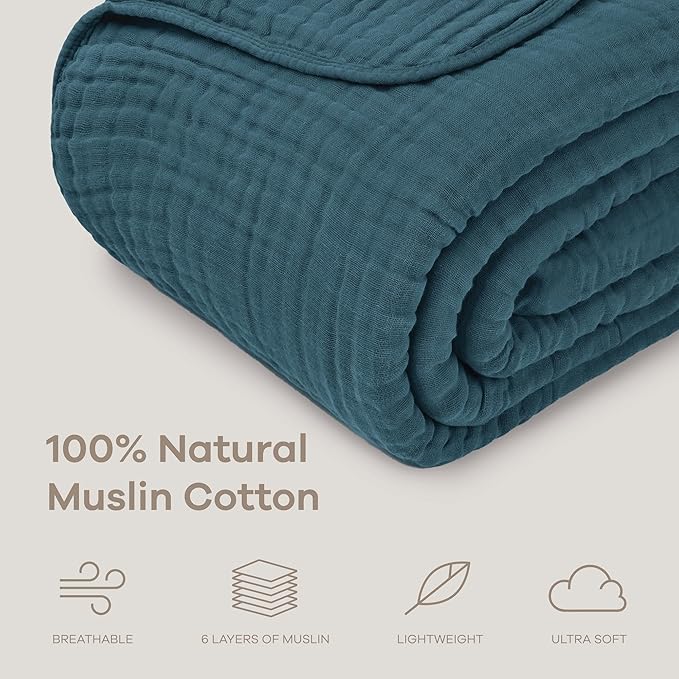 Comfy Cubs Muslin Throw Blanket - 50” x 60” Quilted Design - Lightweight, Breathable 6-Layer Gauze Fabric - Soft Cotton Blanket for Home or Travel - Packaged in Elegant Gift Box - Neptune