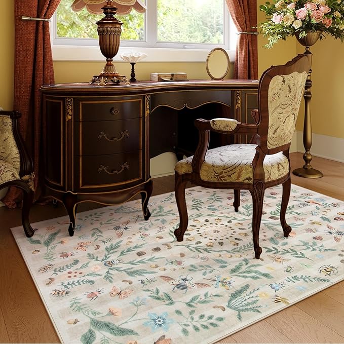 Lahome Chloe Insect Botanical 3x5 Washable Rugs for Entryway Soft Rug for Bedroom, Beige Kitchen Rugs Non Slip Washable, Boho Floral Indoor Throw Carpet for Bathroom Laundry Living Room(Beige,3x5)