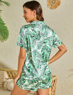 LecGee Womens Silk Satin Pajamas Short Sleeve Loungewear Two-Piece Sleepwear Button-Down Pj Set