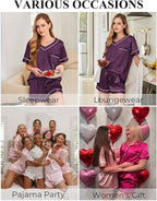 Silk Pajamas for Women Short Sleeve Satin 2 Piece Pj Set Soft V Neck Sleepwear Loungewear, S-XXL
