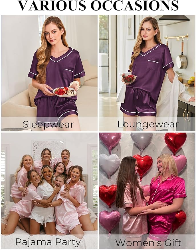 Silk Pajamas for Women Short Sleeve Satin 2 Piece Pj Set Soft V Neck Sleepwear Loungewear, S-XXL