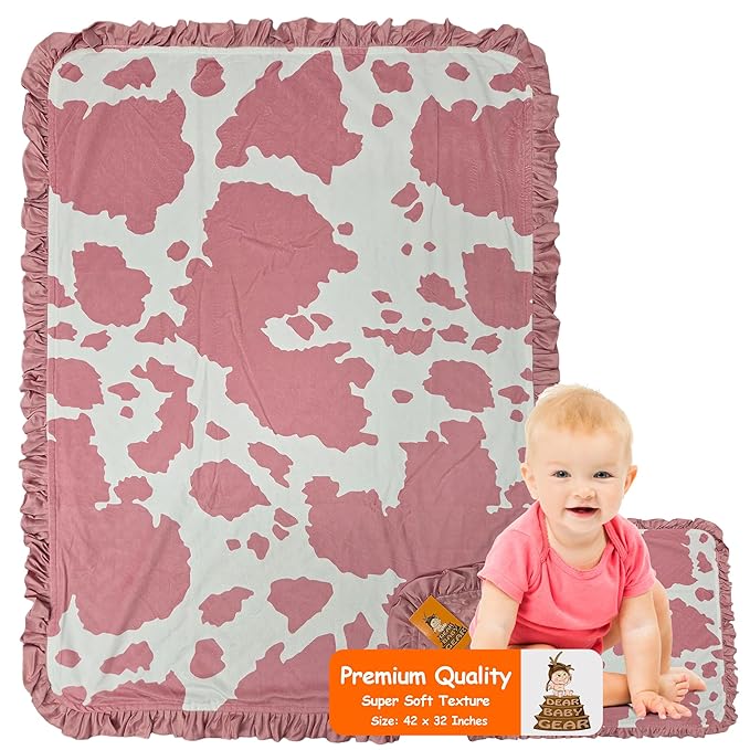 Dear Baby Gear - Soft Reversible Baby Blankets, Newborn Essentials, Baby Blanket for Boys & Girls, Toddler Blankets, Rose Pink Holstein Cowhide with Ruffle, Exclusive DBG Print Minky Fabric, 42"x32"