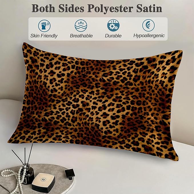 1 Pack Satin Pillowcase for Hair and Skin Abstract Brown Leopard Imitation Silk Pillowcase with Hidden Zipper Soft Breathable Smooth Cooling Pillow Cover King Size for Bedroom Sofa 20”x36”