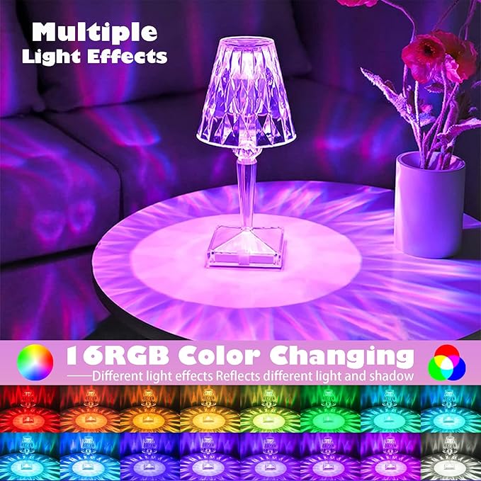 Crystal Table Lamp, 16 Color Changing Touch Crystal Rose Lamp with Remote, Rechargeable LED Diamond Romantic Night Light, Small Acrylic Cordless Table Lamp for Bedrooms Party Dinner Bar Decor Lights