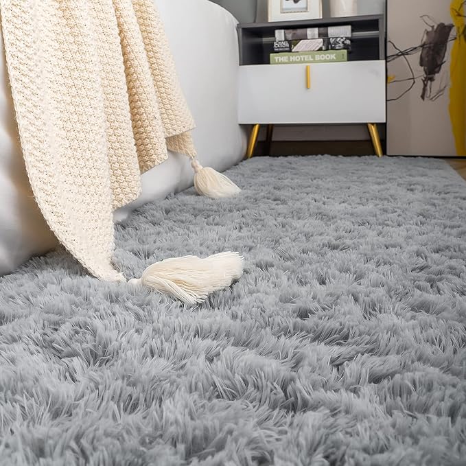 ISEAU Fluffy Runner Rug for Dorm, College, Apartment, Bedroom Plush Area Rugs, Shag Carpet with Rubber Backing Non Slip, Comfy Nursery Mat Bedside Rug for Kids Boys Room Home Decor, 2ft x 6ft, Grey