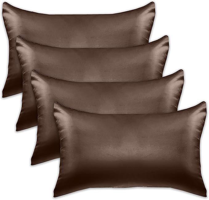 Elegant Comfort 4-PACK Chocolate Brown Satin Pillowcase Set with Hidden Zipper closure, Silky Smooth for Hair and Skin Care-Beautiful Gift Box-4-Piece Satin Pillowcases, Standard/Queen