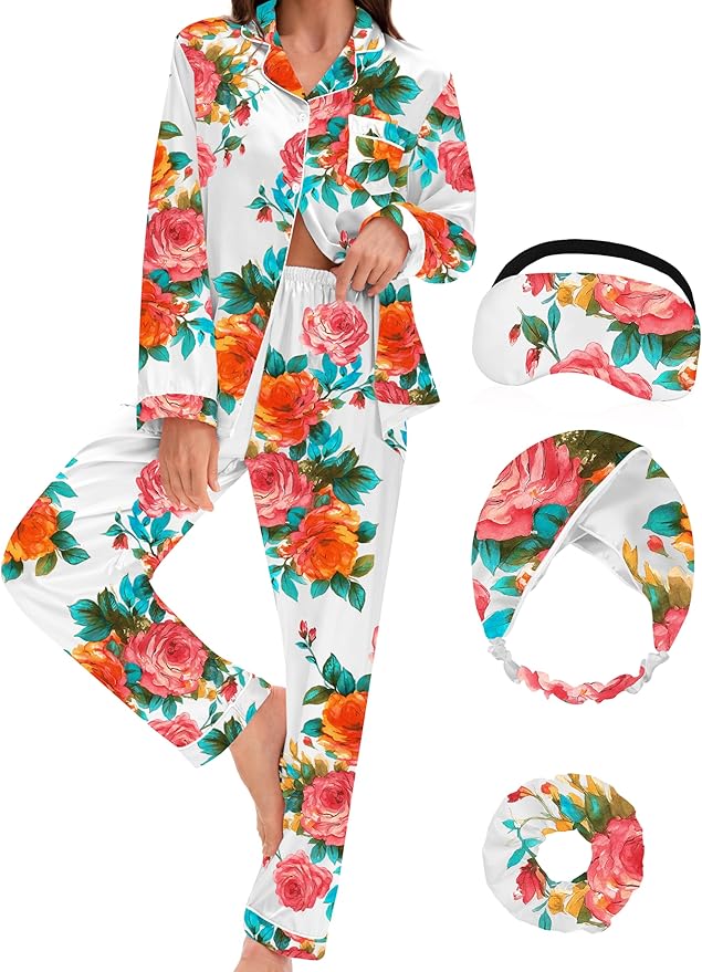 EPLAZA Silk Pajamas for Women Satin Pajamas Set 5 Pcs Long Sleeve Print Pattern Button Down Pjs Sleepwear Loungewear Set
